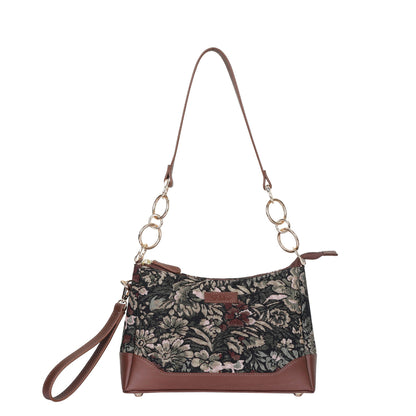 Women’s vintage tapestry shoulder sling tote bag with leather trim for daily, office, travel, and everyday use