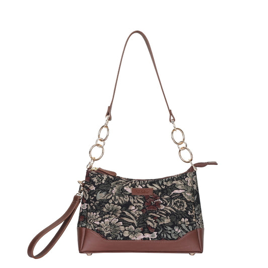 Women’s Vintage Tapestry Shoulder Bag – Genuine Leather-Trimmed Tote Sling Satchel Purse