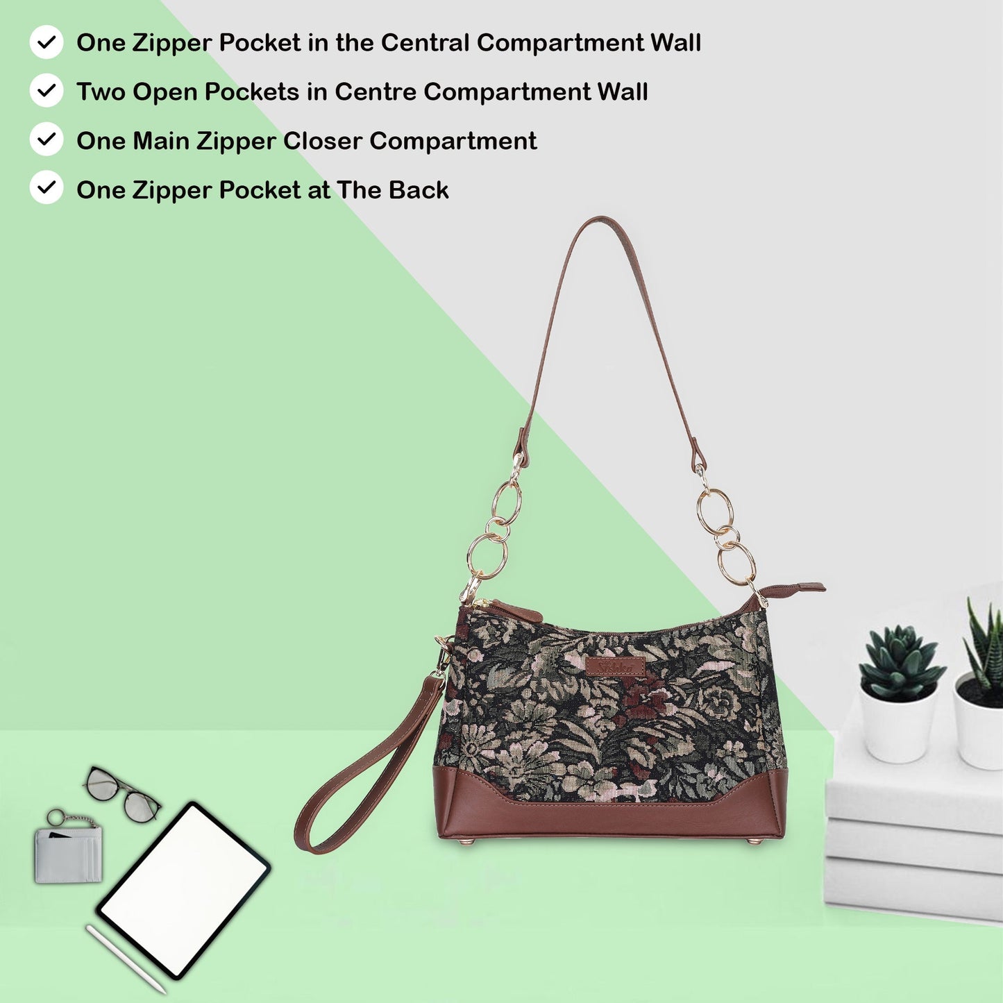 Women’s Vintage Tapestry Shoulder Bag – Genuine Leather-Trimmed Tote Sling Satchel Purse