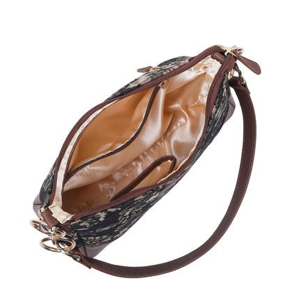 Women’s Vintage Tapestry Shoulder Bag – Genuine Leather-Trimmed Tote Sling Satchel Purse
