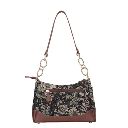 Women’s Vintage Tapestry Shoulder Bag – Genuine Leather-Trimmed Tote Sling Satchel Purse