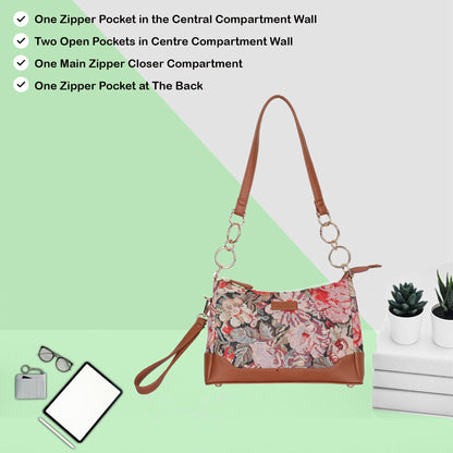 Floral Pattern Tapestry Shoulder Bag for Women – Stylish Tote Sling Satchel Purse with Vegan leather Trim