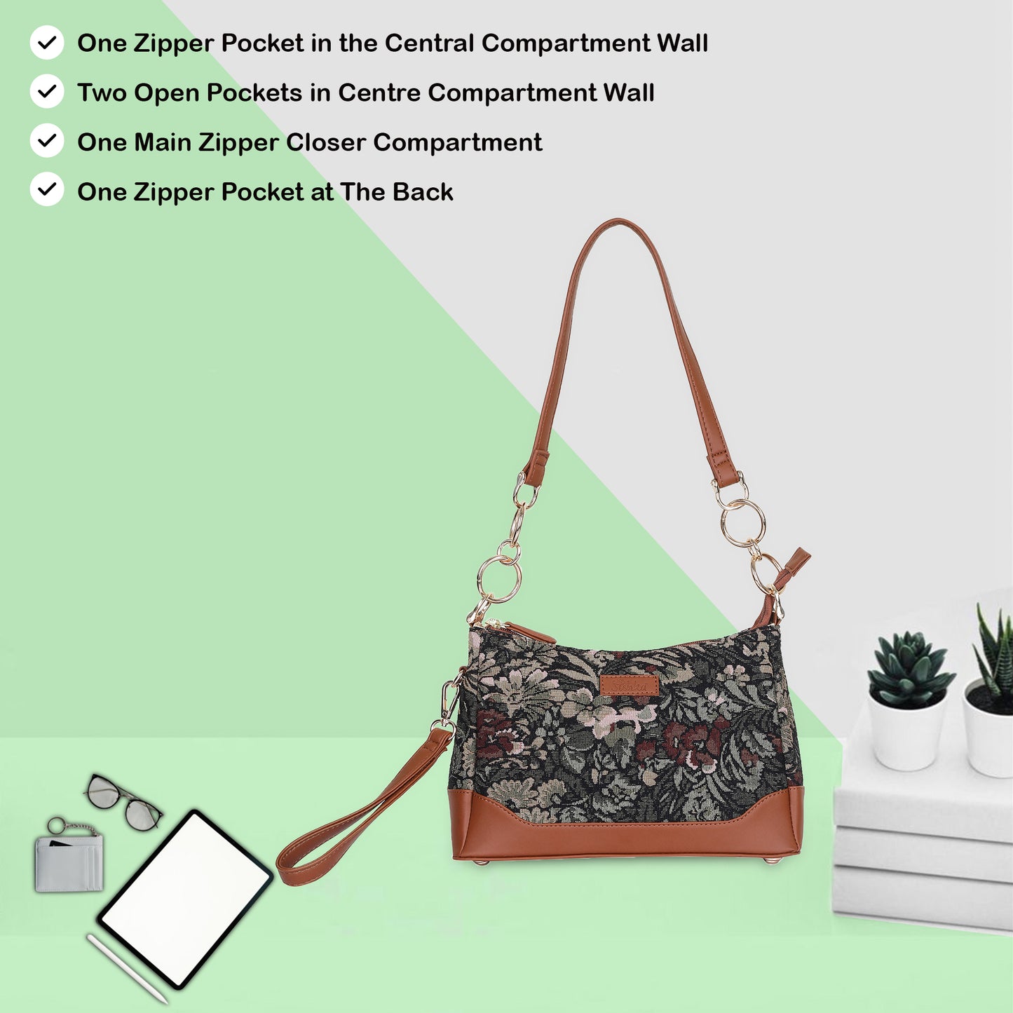 Women Vintage Tapestry Shoulder Bag – Vegan Leather - Trimmed Tote Sling Satchel Purse