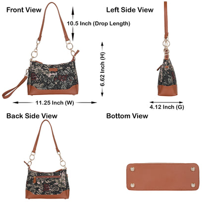 Women Vintage Tapestry Shoulder Bag – Vegan Leather - Trimmed Tote Sling Satchel Purse