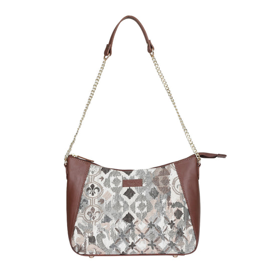 Women's Abstract Design Tapestry Hobo Bag | Genuine Leather-Trimmed Shoulder & Satchel bag with Chain Strap