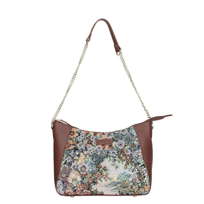 Wholesale Women's Botanical Design Tapestry Hobo Bag | Shoulder & Satchel Purse with Genuine Leather Trim