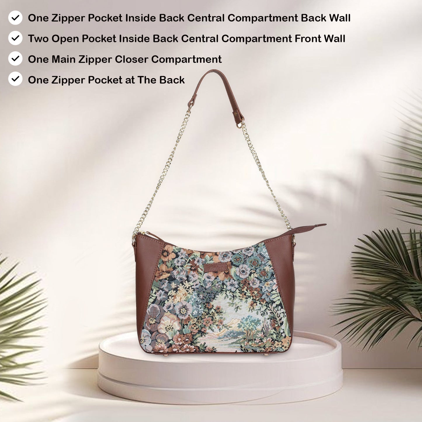 Wholesale Women's Botanical Design Tapestry Hobo Bag | Shoulder & Satchel Purse with Genuine Leather Trim