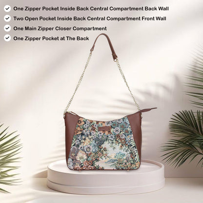 Wholesale Women's Botanical Design Tapestry Hobo Bag | Shoulder & Satchel Purse with Genuine Leather Trim