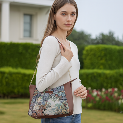 Wholesale Women's Botanical Design Tapestry Hobo Bag | Shoulder & Satchel Purse with Genuine Leather Trim