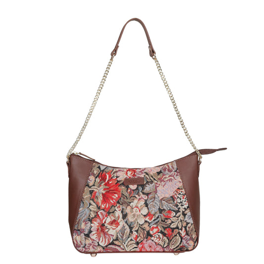 Women's Tapestry Hobo Bag in Floral Pattern | Genuine Leather-Trimmed Shoulder Bag & Satchel Purse for Everyday Essentials
