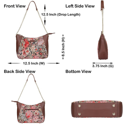 Women's Tapestry Hobo Bag in Floral Pattern | Genuine Leather-Trimmed Shoulder Bag & Satchel Purse for Everyday Essentials