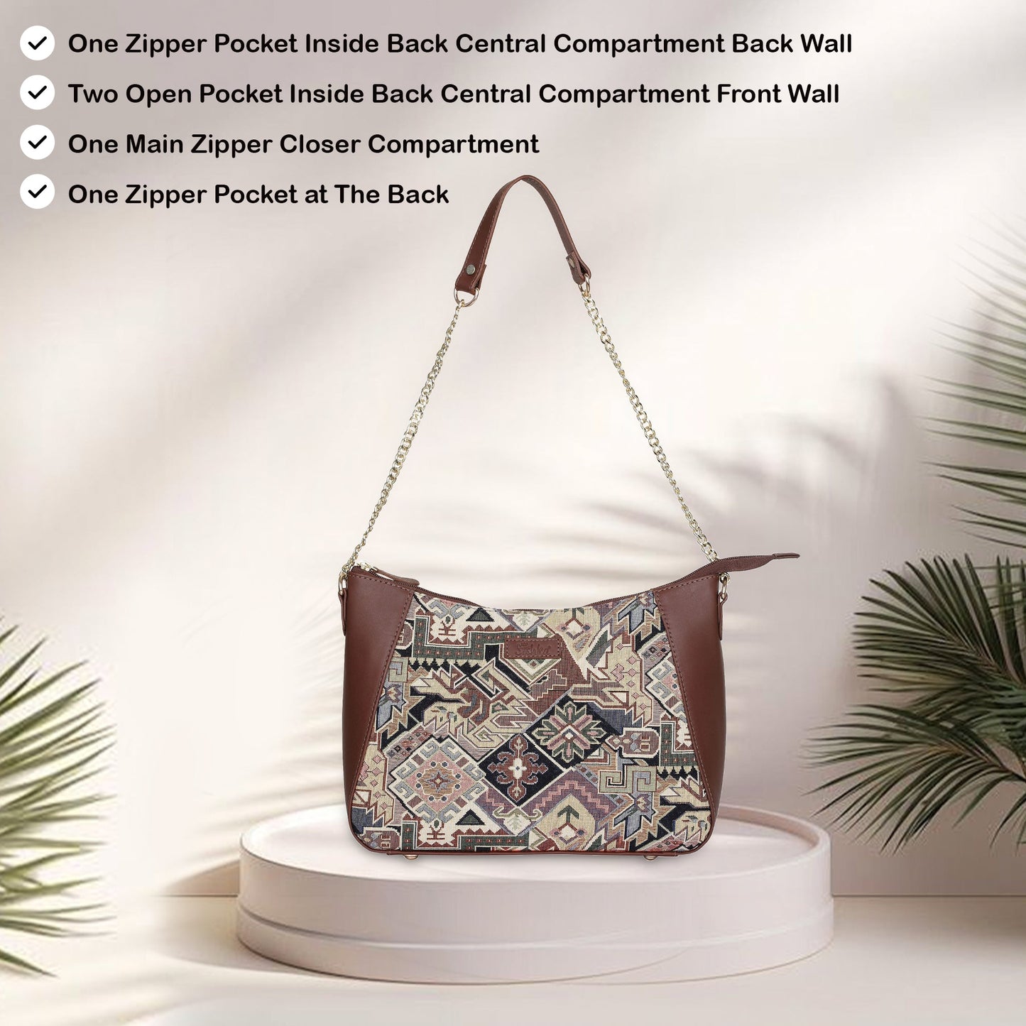 Geometric Design Tapestry Hobo Bag | Stylish Leather-Trimmed Shoulder & Satchel Bag with Chain Strap for Office & Outings