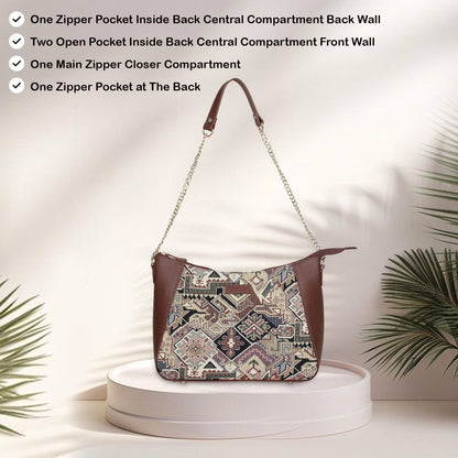 Geometric Design Tapestry Hobo Bag | Stylish Leather-Trimmed Shoulder & Satchel Bag with Chain Strap for Office & Outings