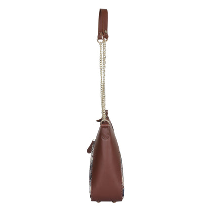 Geometric Design Tapestry Hobo Bag | Stylish Leather-Trimmed Shoulder & Satchel Bag with Chain Strap for Office & Outings