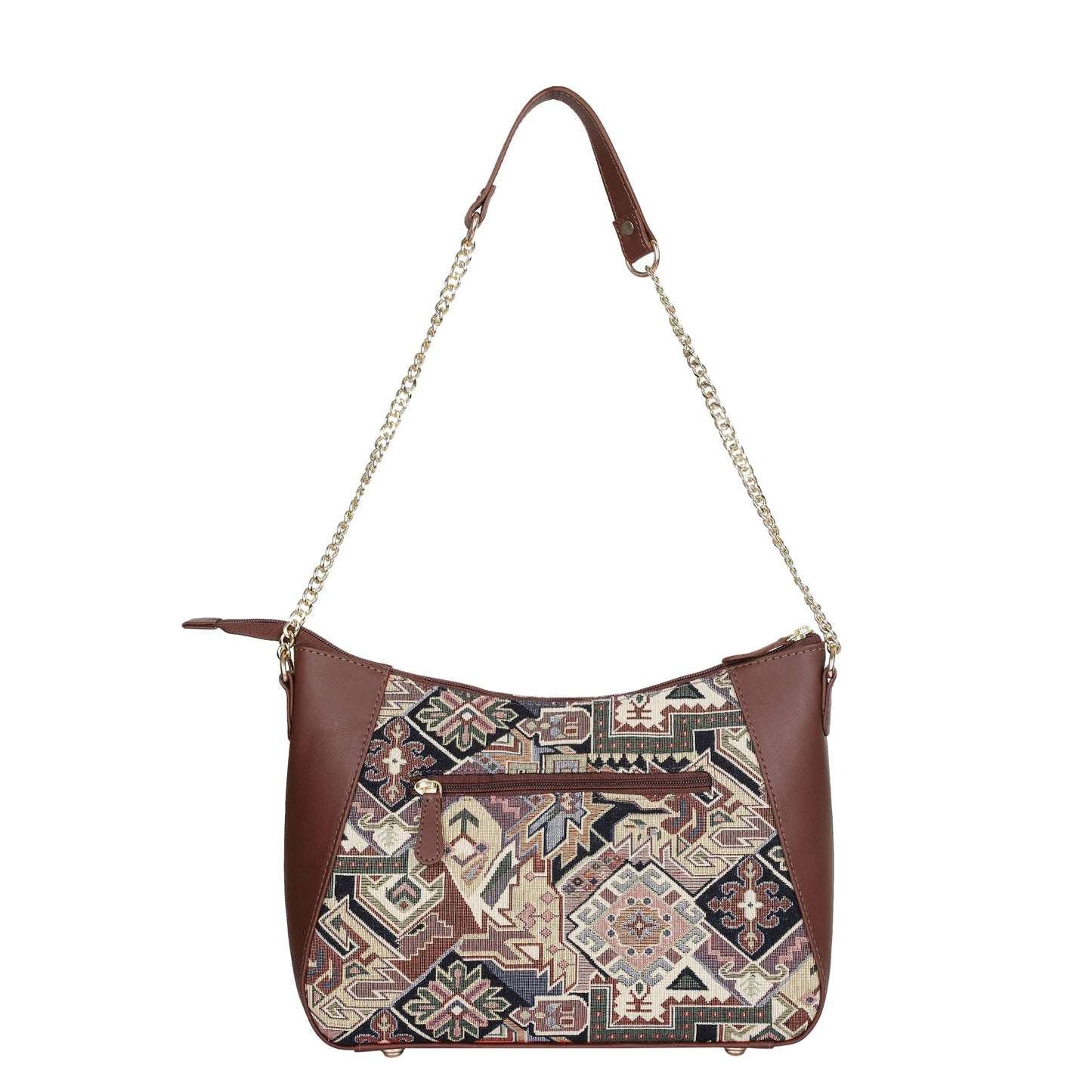 Geometric Design Tapestry Hobo Bag | Stylish Leather-Trimmed Shoulder & Satchel Bag with Chain Strap for Office & Outings