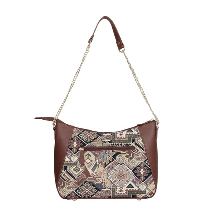 Geometric Design Tapestry Hobo Bag | Stylish Leather-Trimmed Shoulder & Satchel Bag with Chain Strap for Office & Outings