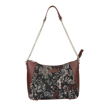 Women's vintage tapestry hobo sling bag with genuine leather trim for shopping, travel, commuting, work, and everyday use
