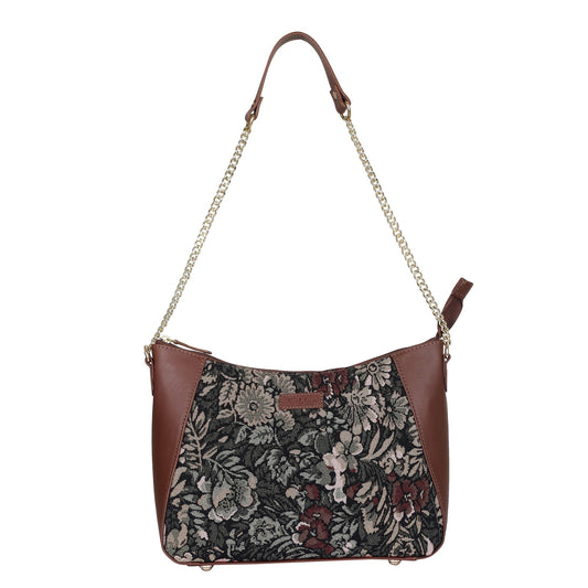 Women's Hobo Bag in Vintage Pattern Tapestry Fabric | Genuine Leather-Trimmed Shoulder & Sling Purse with Chain and Leather Strap