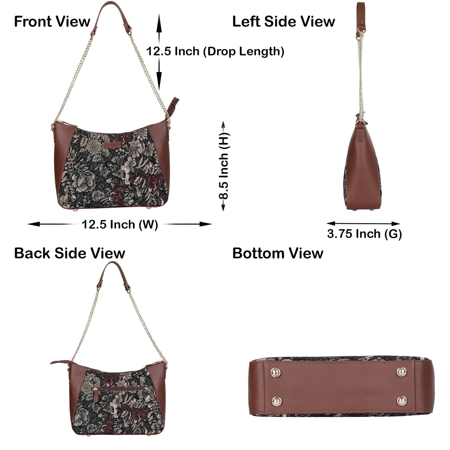 Women's Hobo Bag in Vintage Pattern Tapestry Fabric | Genuine Leather-Trimmed Shoulder & Sling Purse with Chain and Leather Strap