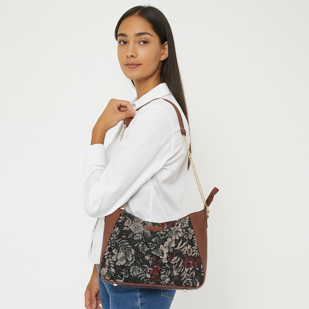 Women's Hobo Bag in Vintage Pattern Tapestry Fabric | Genuine Leather-Trimmed Shoulder & Sling Purse with Chain and Leather Strap
