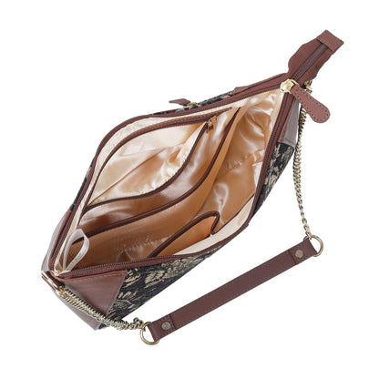 Women's Hobo Bag in Vintage Pattern Tapestry Fabric | Genuine Leather-Trimmed Shoulder & Sling Purse with Chain and Leather Strap