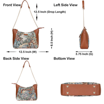 Wholesale Women's Botanical Design Tapestry Hobo Bag | Shoulder & Satchel Purse with Vegan Leather Trim