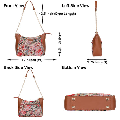 Ladies’ Floral Tapestry Hobo Shoulder Bag – Vegan Leather Satchel Purse with Top Handle & Chain Strap for Daily Use