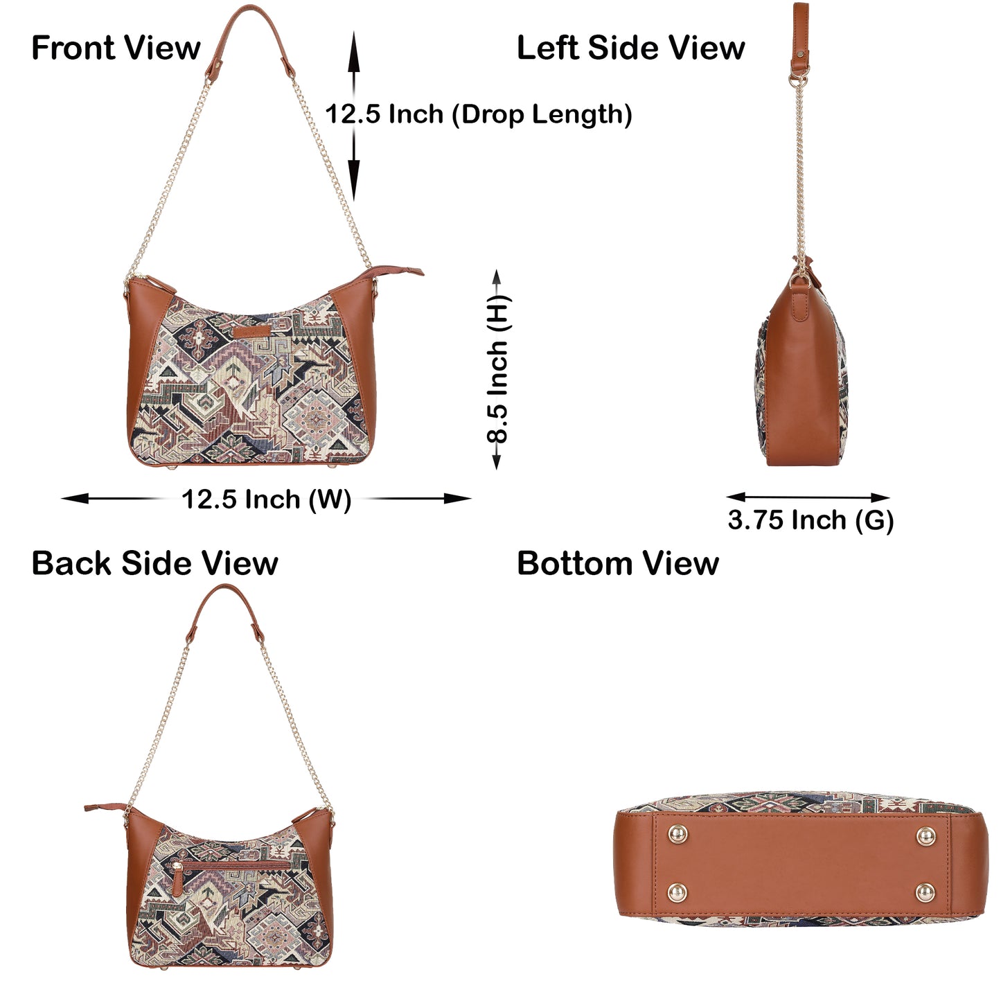 Geometric Design Tapestry Hobo Bag | Stylish vegan leather-Trimmed Shoulder & Satchel Bag with Chain Strap for Office & Outings