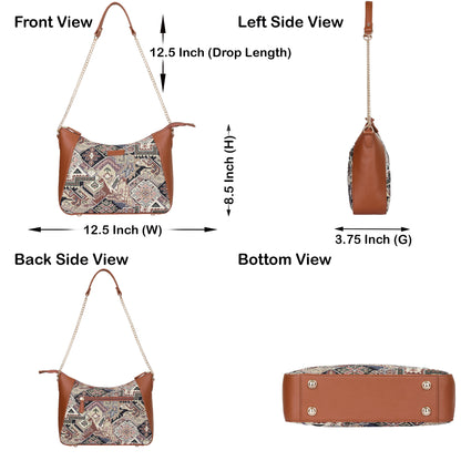 Geometric Design Tapestry Hobo Bag | Stylish vegan leather-Trimmed Shoulder & Satchel Bag with Chain Strap for Office & Outings