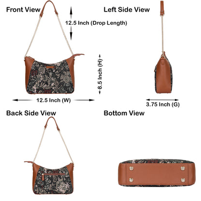 Women's Hobo Bag in Vintage Pattern Tapestry Fabric | vegan leather-Trimmed Shoulder & Sling Purse with Chain and vegan leather Strap