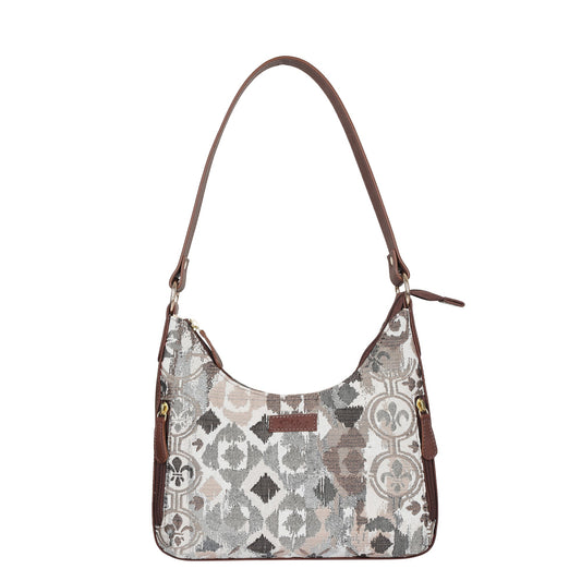 Abstract Pattern Tapestry Hobo Bag For Women| Genuine Leather Shoulder & Satchel Purse with Leather Strap for Work & Travel