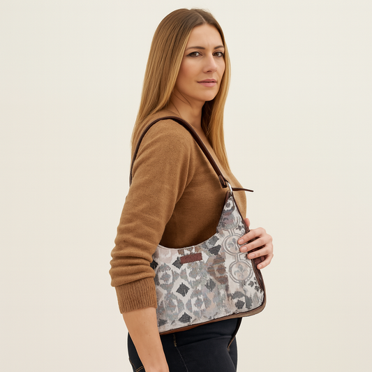 Abstract Pattern Tapestry Hobo Bag For Women| Genuine Leather Shoulder & Satchel Purse with Leather Strap for Work & Travel