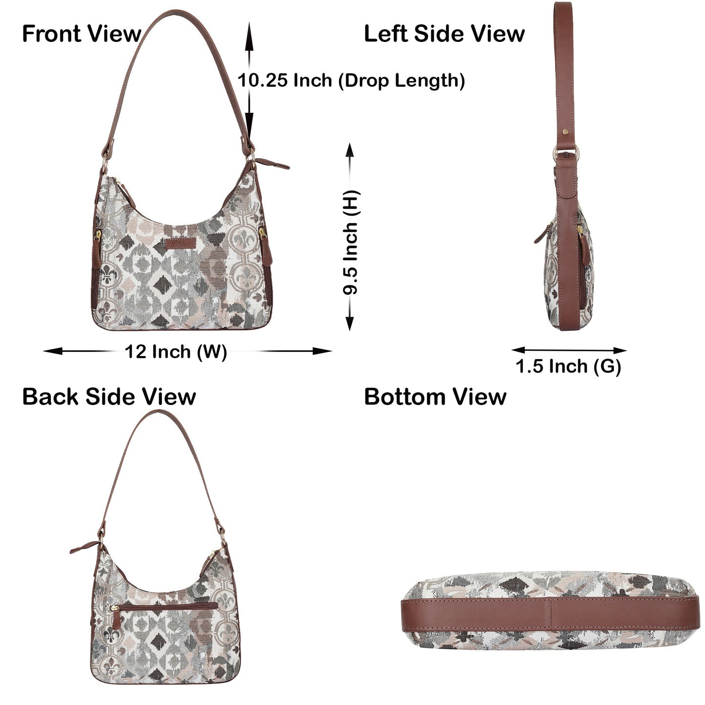 Abstract Pattern Tapestry Hobo Bag For Women| Genuine Leather Shoulder & Satchel Purse with Leather Strap for Work & Travel