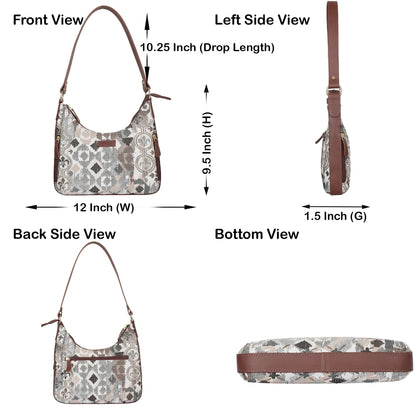 Abstract Pattern Tapestry Hobo Bag For Women| Genuine Leather Shoulder & Satchel Purse with Leather Strap for Work & Travel