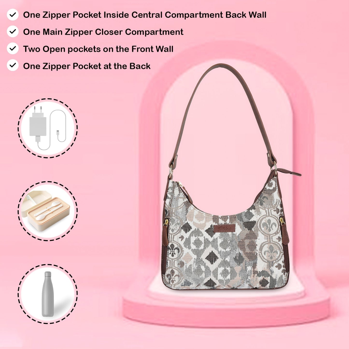 Abstract Pattern Tapestry Hobo Bag For Women| Genuine Leather Shoulder & Satchel Purse with Leather Strap for Work & Travel