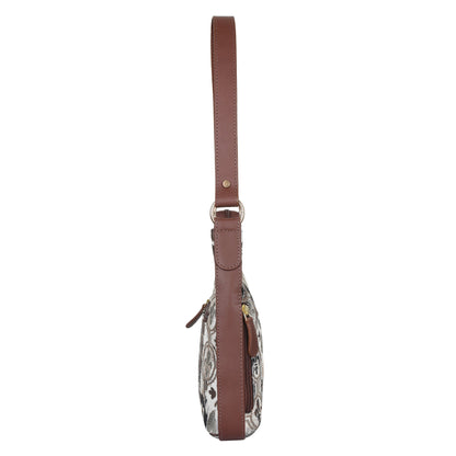 Abstract Pattern Tapestry Hobo Bag For Women| Genuine Leather Shoulder & Satchel Purse with Leather Strap for Work & Travel