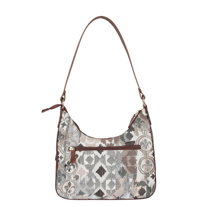 Abstract Pattern Tapestry Hobo Bag For Women| Genuine Leather Shoulder & Satchel Purse with Leather Strap for Work & Travel
