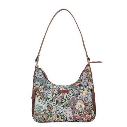 Botanical Design Tapestry Fabric Hobo Bag For Women | Shoulder & Satchel Purse with Genuine Leather Trim and Strap
