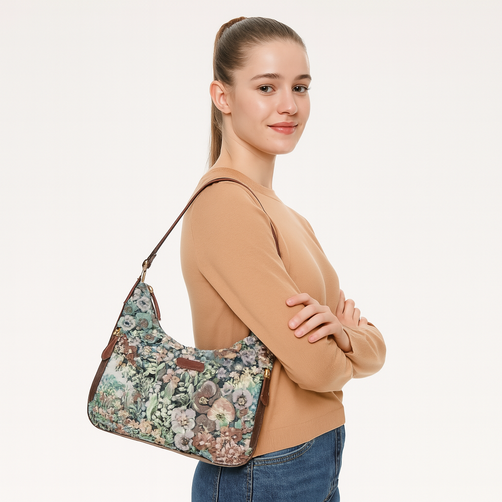 Botanical Design Tapestry Fabric Hobo Bag For Women | Shoulder & Satchel Purse with Genuine Leather Trim and Strap
