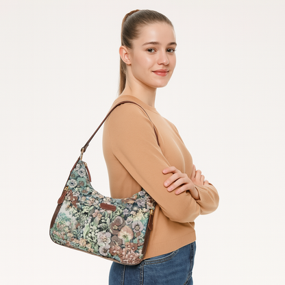 Botanical Design Tapestry Fabric Hobo Bag For Women | Shoulder & Satchel Purse with Genuine Leather Trim and Strap