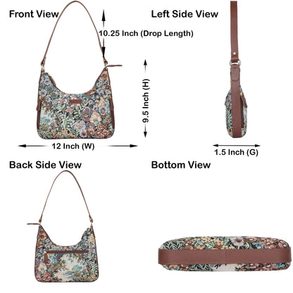 Botanical Design Tapestry Fabric Hobo Bag For Women | Shoulder & Satchel Purse with Genuine Leather Trim and Strap
