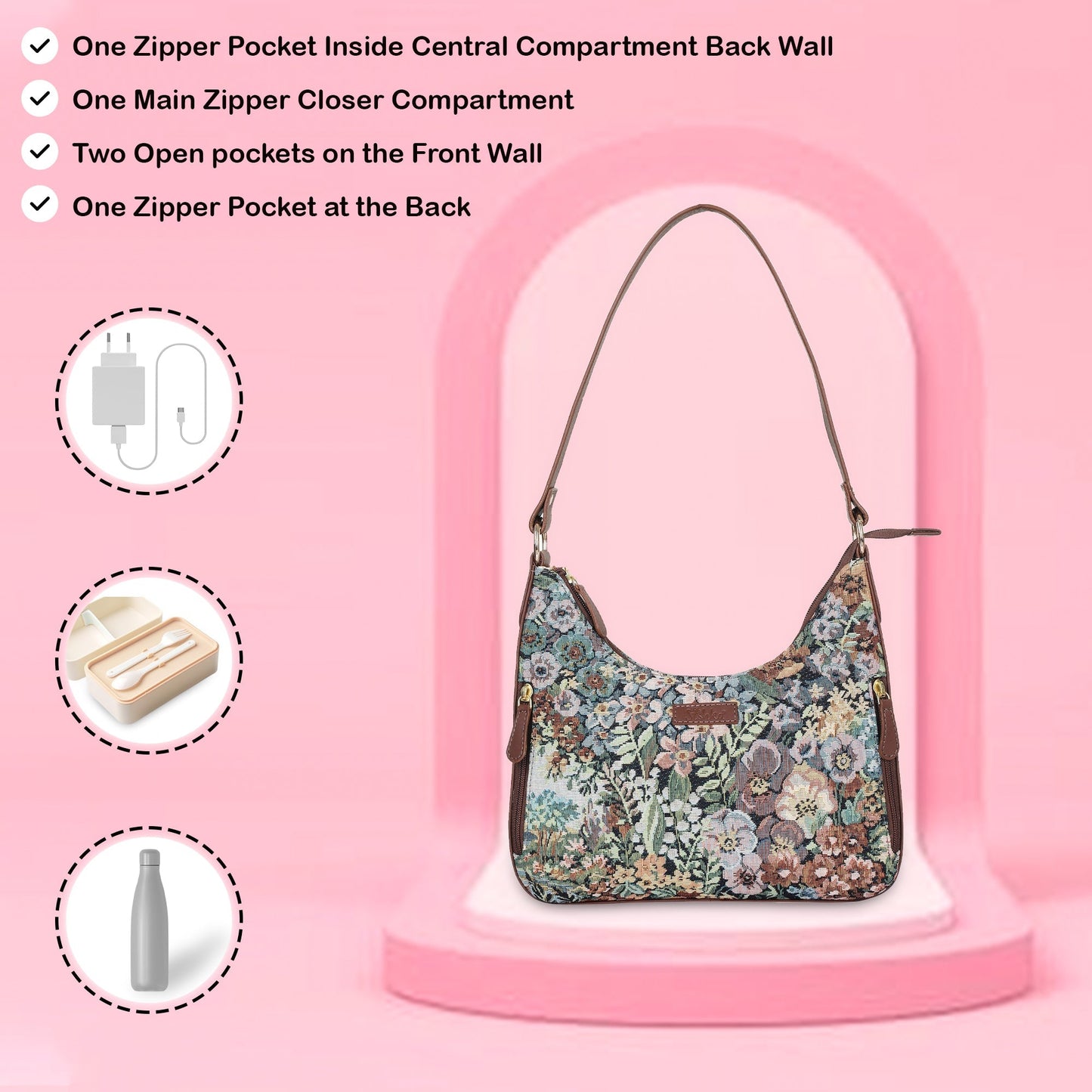 Botanical Design Tapestry Fabric Hobo Bag For Women | Shoulder & Satchel Purse with Genuine Leather Trim and Strap