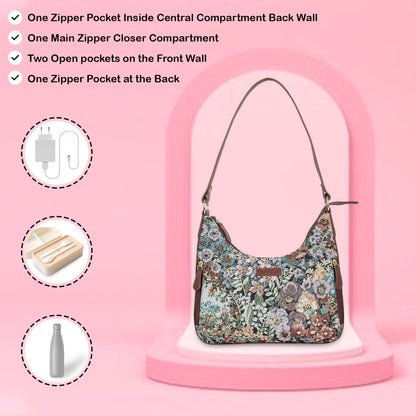 Botanical Design Tapestry Fabric Hobo Bag For Women | Shoulder & Satchel Purse with Genuine Leather Trim and Strap