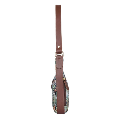 Botanical Design Tapestry Fabric Hobo Bag For Women | Shoulder & Satchel Purse with Genuine Leather Trim and Strap