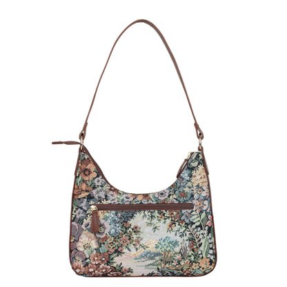 Botanical Design Tapestry Fabric Hobo Bag For Women | Shoulder & Satchel Purse with Genuine Leather Trim and Strap