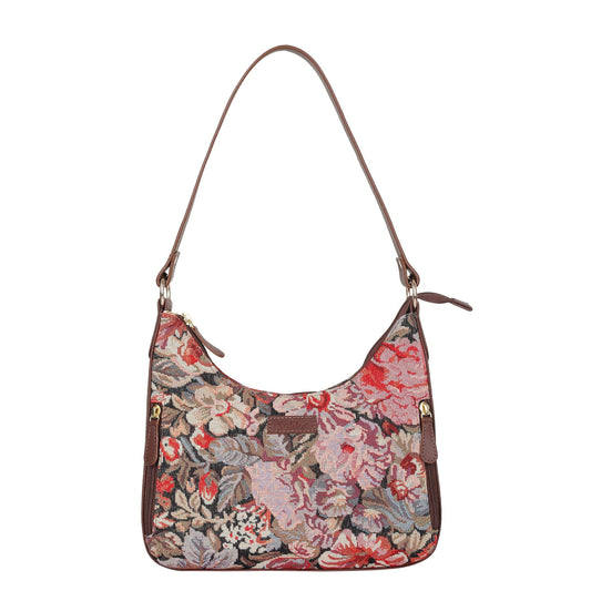 Ladies Hobo Bag in Floral Design Tapestry Fabric | Genuine Leather-Trimmed Shoulder Satchel with Leather Strap for Everyday Use