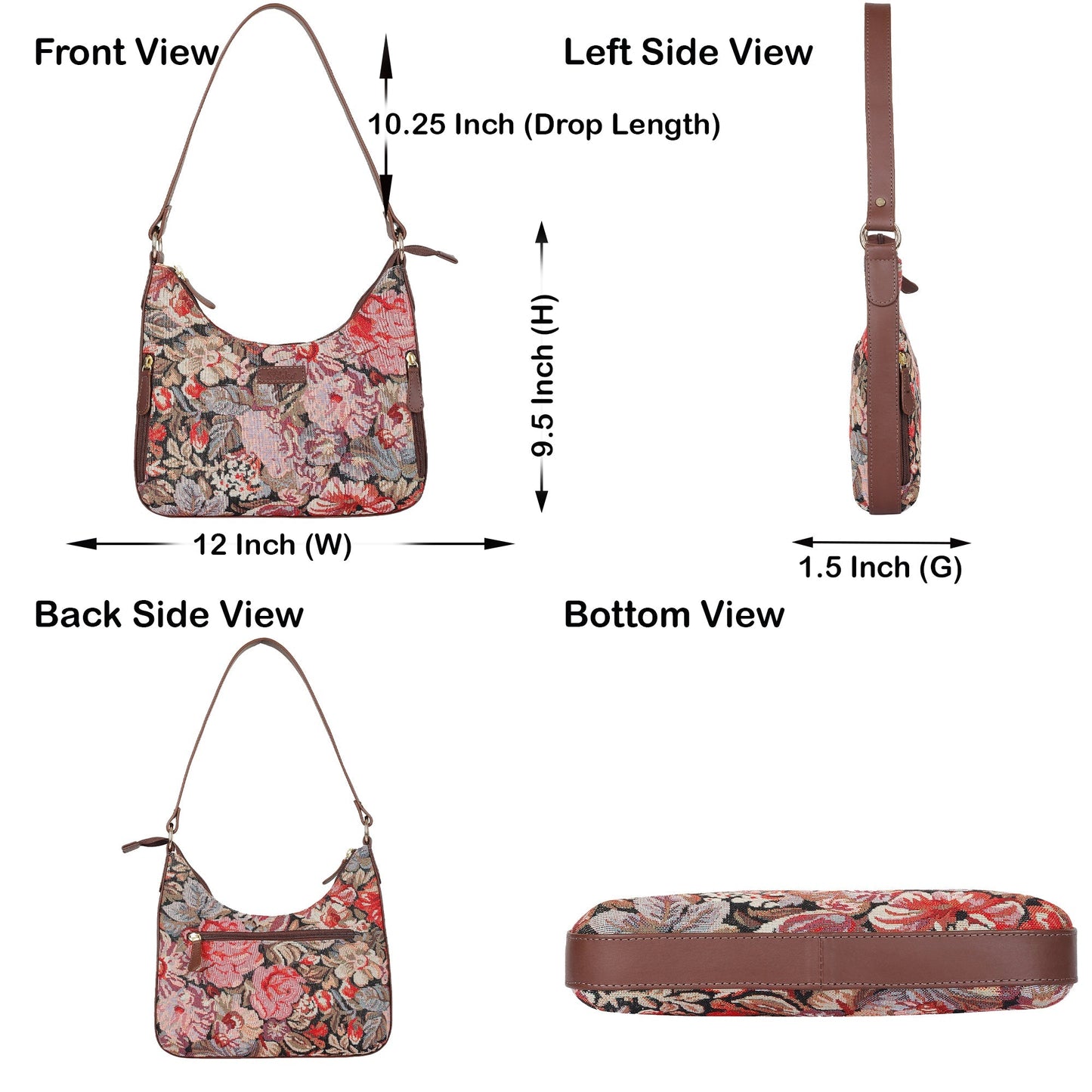 Ladies Hobo Bag in Floral Design Tapestry Fabric | Genuine Leather-Trimmed Shoulder Satchel with Leather Strap for Everyday Use