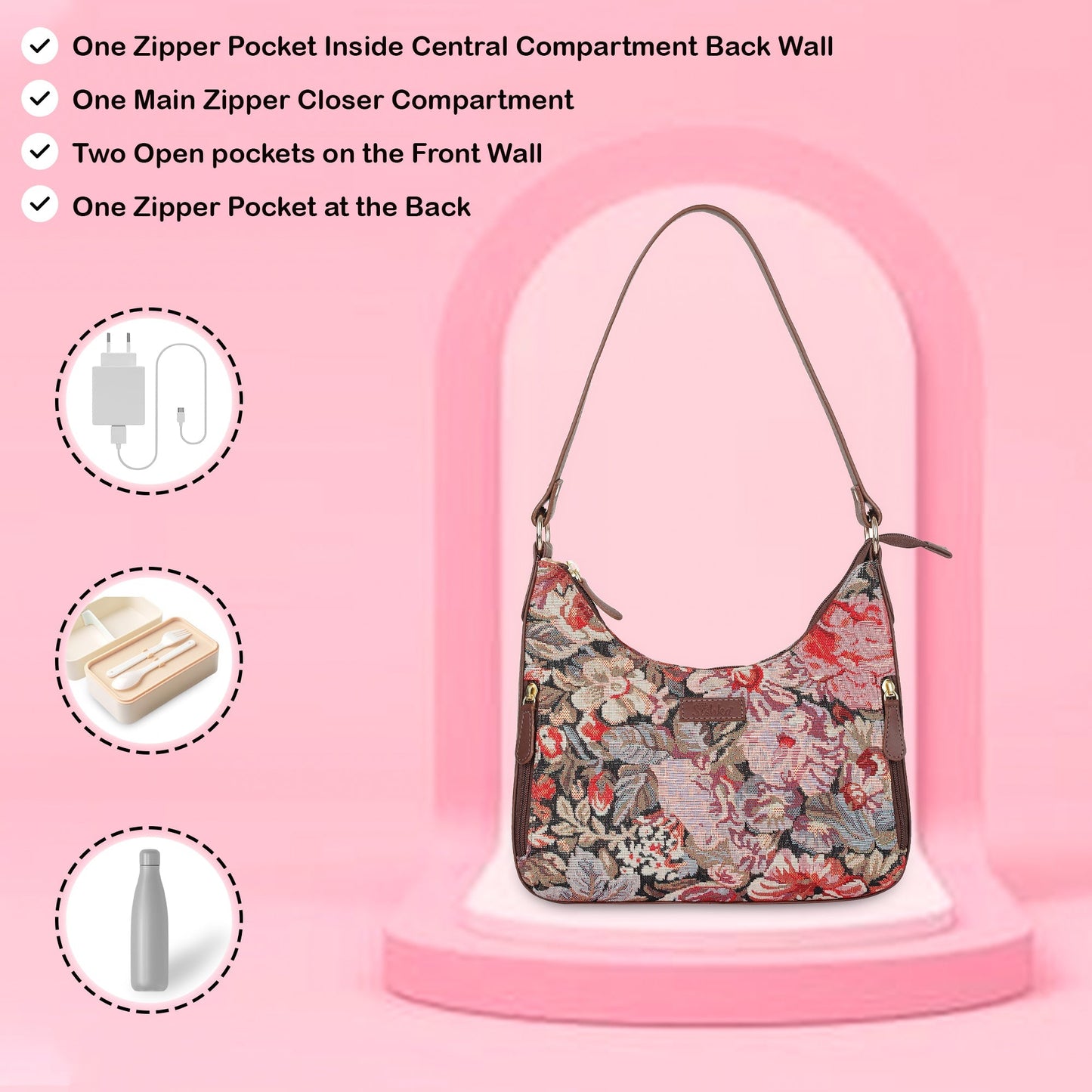 Ladies Hobo Bag in Floral Design Tapestry Fabric | Genuine Leather-Trimmed Shoulder Satchel with Leather Strap for Everyday Use
