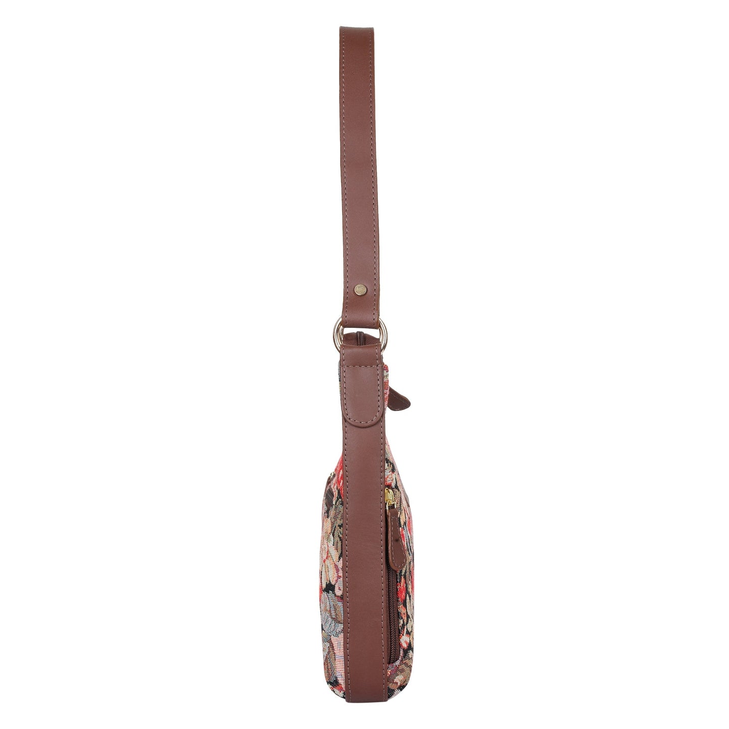Ladies Hobo Bag in Floral Design Tapestry Fabric | Genuine Leather-Trimmed Shoulder Satchel with Leather Strap for Everyday Use