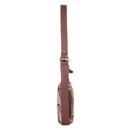 Ladies Hobo Bag in Floral Design Tapestry Fabric | Genuine Leather-Trimmed Shoulder Satchel with Leather Strap for Everyday Use